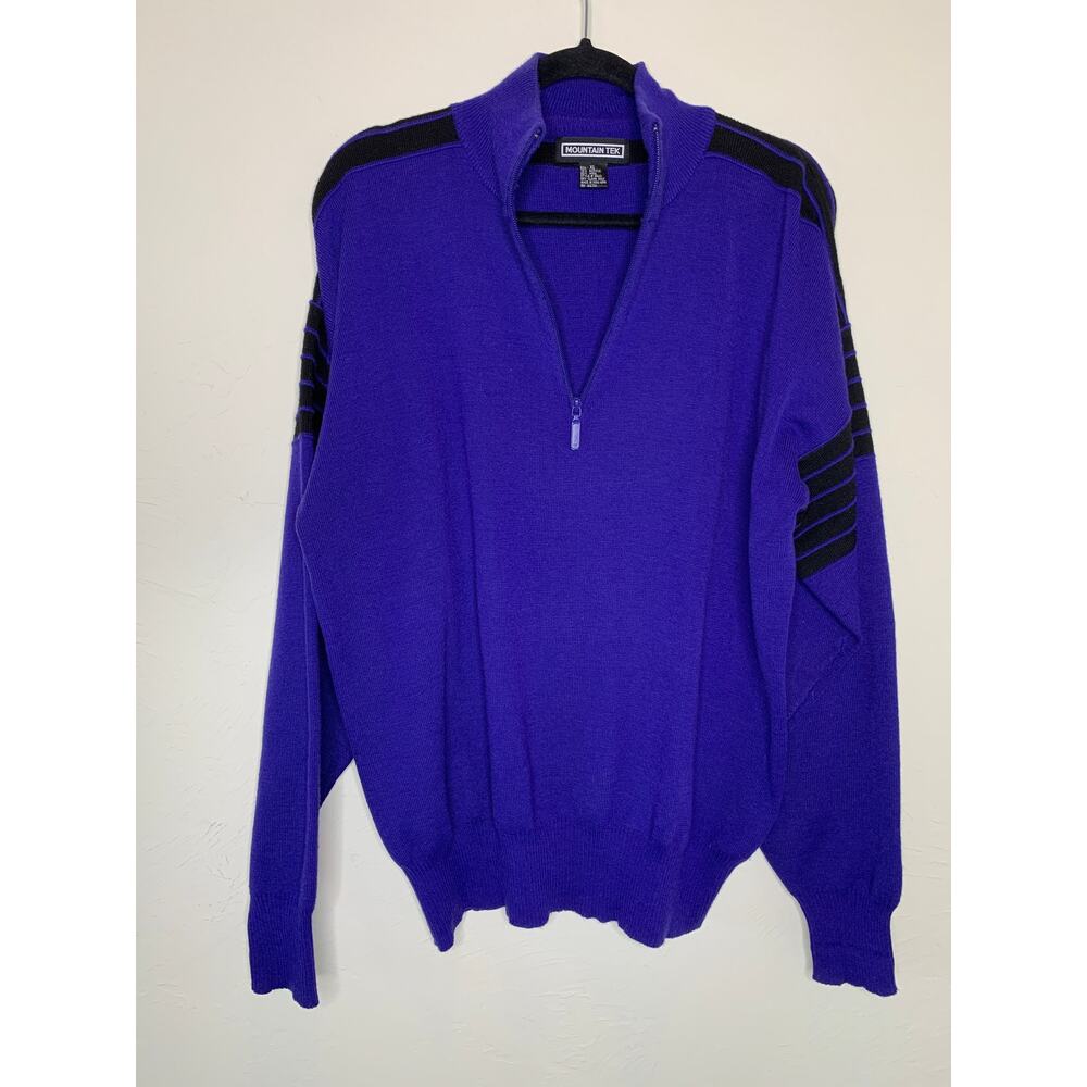 Vintage Mountain Tek Purple Black Quarter Zip Sweater Sz XL Wool Blend